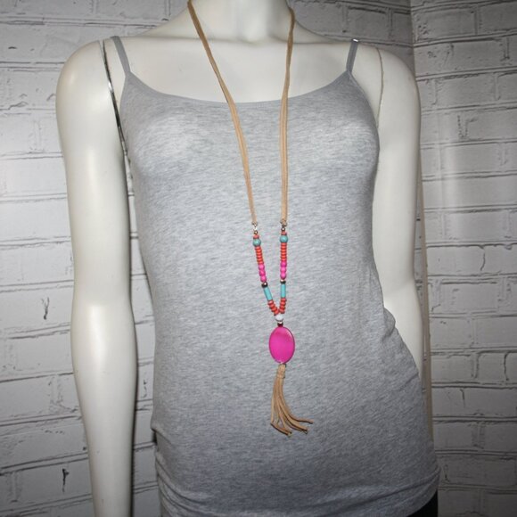 Beautiful tan necklace with hot pink, orange and turquoise beads and tassel - Picture 1 of 5